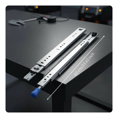 Beefy Heavy Duty Ball Bearing Locking Drawer Slides 60 Centimeter Cold Rolled Steel Rails on table with caliper visible