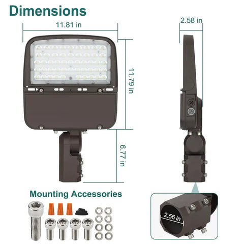 Dimensions and mounting accessories for Beefy LED Parking Lot Light 150W 100W 75W Adjustable with 22500lm 150lm/W 5000K Waterproof