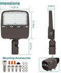 LED Parking Lot Light 150W, 100W, 75W Adjustable with dimensions and mounting accessories shown
