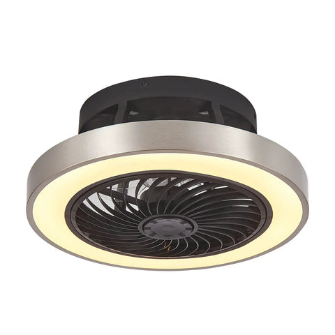 Enclosed 16 Inch Flush Mount Ceiling Fan With Lights, Low Profile Dope Black And Brushed Nickel Finish, 7 Blades, Ceiling View