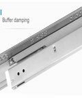 Close-up of Three Section Full Extension Drawer Slides With Bottom Mount Hidden Damping Detachable Quick Release Latches 600mm Length Tool Free Installation showing buffer damping feature.