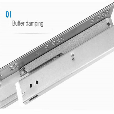 Close-up of Three Section Full Extension Drawer Slides With Bottom Mount Hidden Damping Detachable Quick Release Latches 600mm Length Tool Free Installation showing buffer damping feature.