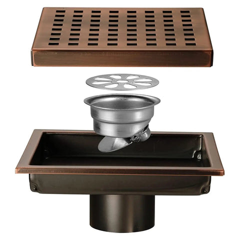 Hella Durable 6 Inch Square Shower Floor Drain, 304 Stainless Steel Hair Catcher with removable grate and cover shown.