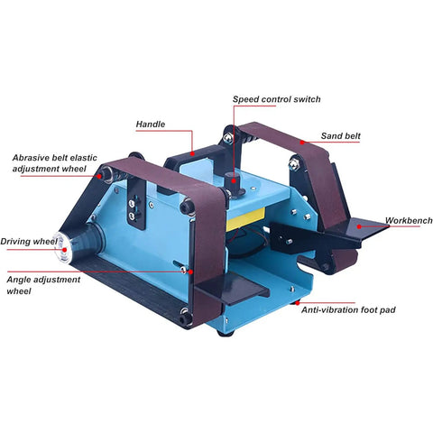 950W Electric Mini Belt Sander Double Ended Bench Grinder Kit showing components like handle, speed control switch, and sand belt.