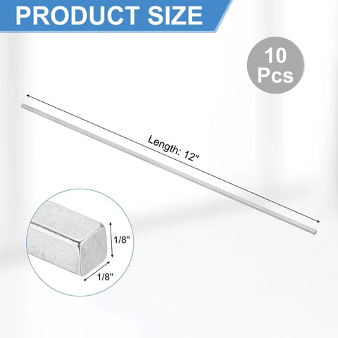 Heavy Duty 10 Pack Square Steel Key Stock One Eighth By One Eighth By Twelve Inch Cold Drawn 45 Steel Bars For Gearbox Coupling And Machinery Projects Silver Tone shown with dimensions.