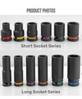 Rock Solid 1/2 Inch Drive Impact Socket Set with 10 Thick Wall CrV Steel Sockets Plus Color Rings Heavy Duty Pneumatic Tools For Gritty Jobs And Fastener Wrenching Magic, short and long sockets