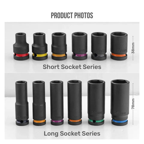 Rock Solid 1/2 Inch Drive Impact Socket Set with 10 Thick Wall CrV Steel Sockets Plus Color Rings Heavy Duty Pneumatic Tools For Gritty Jobs And Fastener Wrenching Magic, short and long sockets