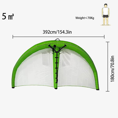 Handheld Kitesurfing Wing For Water Sports Inflatable Kite With TPU Air Bag, 5m², green polyester frame, size 392x180cm.