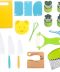 Higoney 17-piece toddler kitchen set with plastic knives, yellow cutting board, cookie cutters, peeler, scissors, whisk, crocodile-shaped wooden board