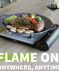 Agni Portable Butane Camp Stove With Auto Piezo Ignition cooking steak and vegetables, showcasing 2800 Kcal Hr Output 11500 BTU