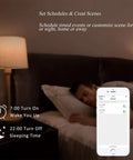 Man sleeping in bed with lamp, phone screen showing schedule for Smart 3 Gang WiFi Light Switch With 2.4GHz WiFi, No Hub Needed, Voice Control For Alexa And Google Home, White Push Button, Auto And Smart Switch Operation, Replaces Single Pole, Not 3 Way Compatible, Neutral Wire Required, Not A Dimmer.