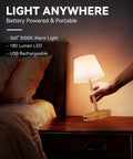 Hand placing Outdoor Waterproof Shower Lamp Cordless 5200mAh Table Lamp With Touch Dimming IP65 Wireless LED on nightstand