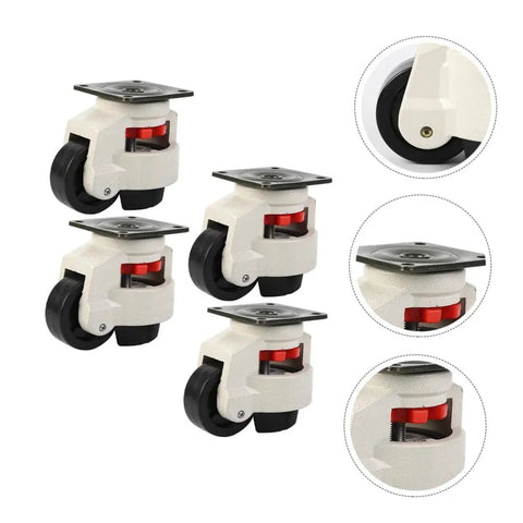 Heavy-Duty Leveling Casters Set For Workbenches And Equipment, Swivel Transport Wheels With 1100 Lb Capacity, Adjustable Industrial Plate Casters, Easy Install, Smooth Rolling, Four-Pack For Heavy Machinery, white metal and black wheel set
