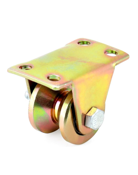 Steel Groove Rigid Caster Wheel 1 Point 2 Inch Diameter with V Shaped Bracket, heavy duty load for industrial machines.