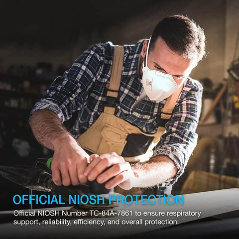 Man wearing NIOSH Certified N95 Mask Particulate Respirator For Everyday Use With Adjustable Nose Clip And Latex-Free All Day Comfort