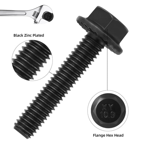 Image of M8 1.25 X 30mm Flanged Hex Head Bolts Black Zinc Plated Grade 10.9 Alloy Steel, showing black zinc plating and flange details.