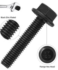 Close-up of Heavy Duty M8 X 20mm Flanged Hex Head Bolt, black zinc plated, ideal for DIY projects, showing threads and hex head.