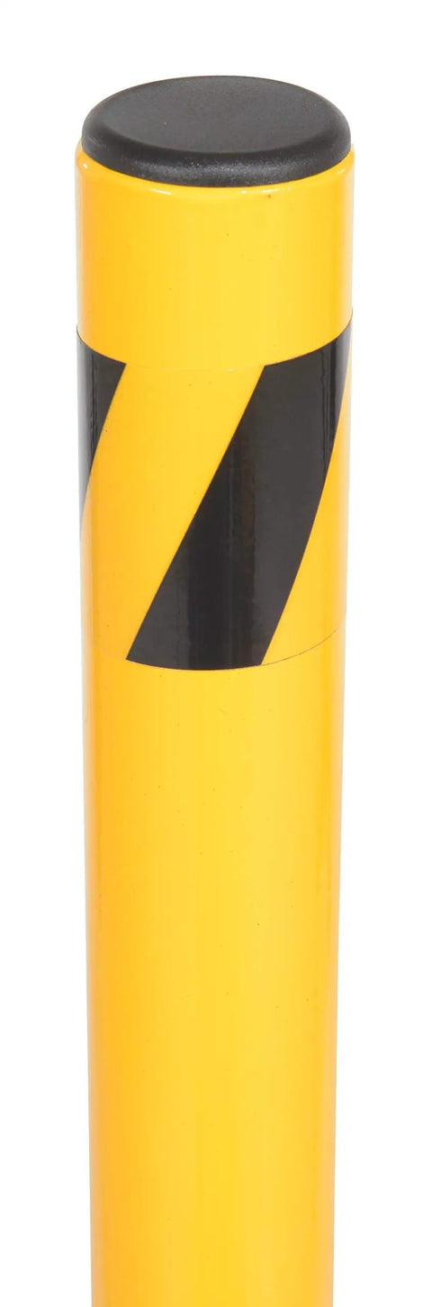 Close-up of Tough As Nails Ground Mount Heavy Duty Steel Fold Down Bollard with black safety stripes, yellow galvanized finish.
