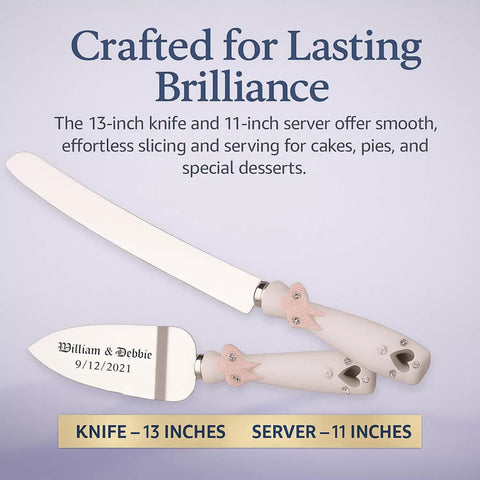 Engraved Personalized Rose Gold Wedding Cake Knife And Server Set With Double Heart, 13-inch knife, 11-inch server.
