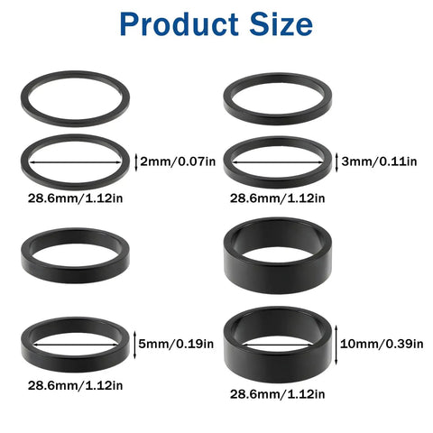 Image showing Eight Piece Aluminum Bike Headset Spacers Set for One and One Eighth Inch Stems with sizes 2mm, 3mm, 5mm, 10mm.
