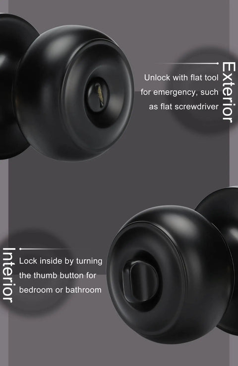 Matte Black Privacy Interior Door Knobs 8 Pack For Bedroom And Bath showing exterior unlock and interior lock detail