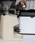 No Sweat Automatic Portafilter Cleaner And Knock Box For 58mm Espresso Filter Holders Heavy Duty setup with grinder and chute.