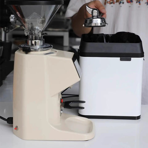 No Sweat Automatic Portafilter Cleaner And Knock Box For 58mm Espresso Filter Holders Heavy Duty setup with grinder and chute.