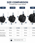 Size comparison of Four Pack Threaded Stem Caster Wheels With 360 Degree Swivel Twin Rollers and No Brakes, showing 1 to 2 inch sizes.