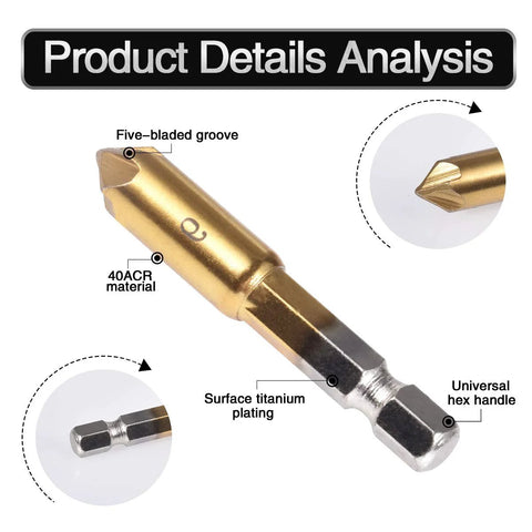 Gold countersink drill bit with hex shank, 5-flute, titanium coating