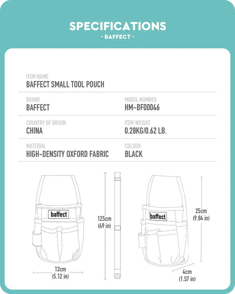 Specifications sheet for Pocket Tool Pouch With Six Pouches And Nine Screwdriver Loops Heavy Duty Electrician Tool Bag
