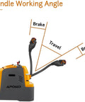 ApolloLift Counterbalanced Electric Pallet Stacker, 2200 Lb Fully Electric Walkie With Upright Walking Function shows handle controls and working angles.