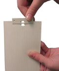 Hands holding vertical blind repair clips with curved vane saver for window blinds no fuss tabs fix replacement slats white 15 pack
