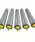 Set Of 5 Plastic Conveyor Belt Rollers For Tough Jobs, Powerless Replacement Units In 4 6 8 10 12 14 16 18 22 24 28 31 35 39 Inch Length, Blue, With 20mm 25mm 32mm 40mm 50mm 63mm Diameters, Customizable Feed Table Rollers, gray PVC rollers with yellow ends