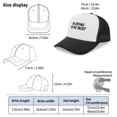 Lightweight Breathable Dad Hat For Men With Ventilated Crown And Fun No Crying On The Yacht Theme - Size Display and Measurements