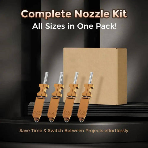 AD5X 3D Printer Nozzle Kit With 0.25mm 0.4mm 0.6mm And 0.8mm Nozzles on display before packaging.