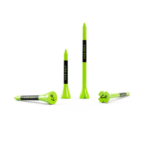 Neon Lime Golf Tees Set With 60 Driver Tees And 15 Short Tees, color-matched to golf balls, eco-friendly bamboo, different tee lengths shown