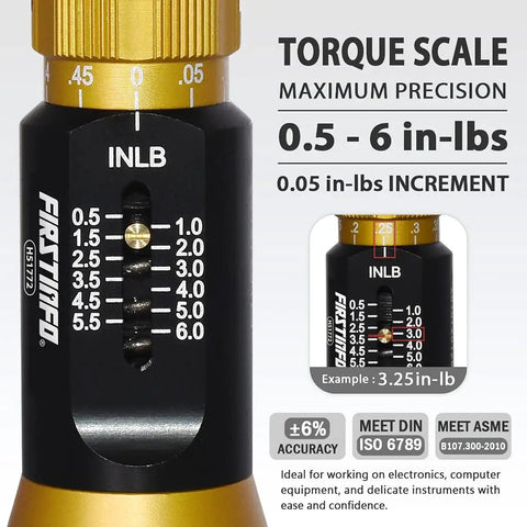 Pro Grade Ultra Precision Torque Limiting Screwdriver For Electronics And Delicate Gear, showing torque scale 0.5-6 in-lbs