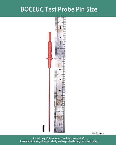 Long Reach Multimeter Probes With Sharp Insulated Tips, 155mm Stainless Steel Pins for 4 Mm Test Leads next to ruler