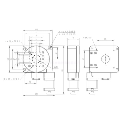 Technical drawing of Motorized Rotation Stage 360 Degree Optical Rotary Table For Industrial Production With Worm Gear Transmission.