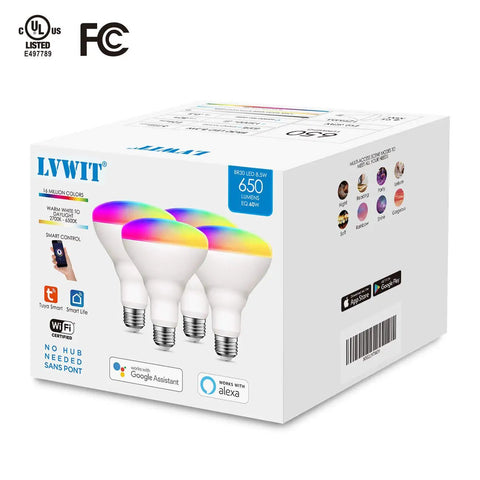 Box of BR30 Smart LED Flood Bulbs 13W 1300 Lumens RGB Color Changing, Dimmable, E26 Base, Works With Alexa And Google Assistant