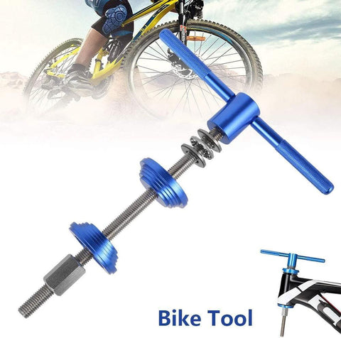 Bicycle headset press tool by LYIYEYAN, blue aluminum with threaded rod and handle, close-up view