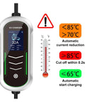 Portable Type2 EV Charger 11KW Fast Charge Hub With 16 Amp Output display showing current and safety indicators.