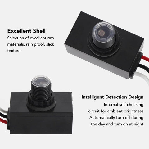 Exterior Dusk To Dawn Photocell Sensor With Auto On Off For Outdoor Lights, black housing, close-up of weatherproof design.