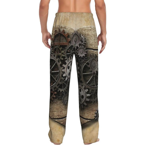 Stylish Steampunk Industrial Aged Human Heart Rusty Metal Gears Pajama Pants Medium, showing back with intricate gear design.