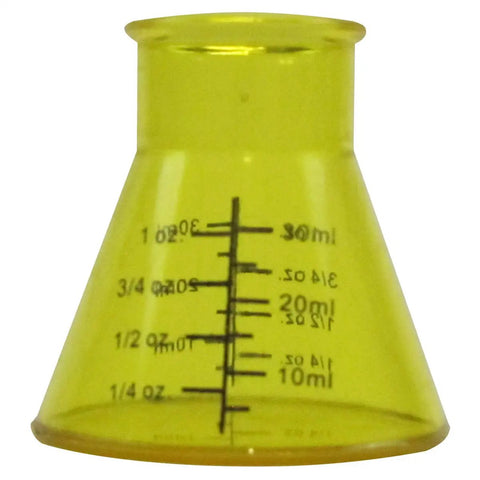 Yellow Erlenmeyer flask from Beaker And Flask Shot Glass Set 4 Piece Plastic Lab Style Drinkware For Science Party Vibe.