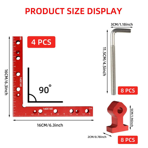 Pro Grade Aluminum Corner Clamps For Woodworking Square Up Your Builds Dead On Easy Right Angle Positioning Squares with sizes.