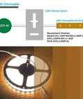 Diagram showing Go-To Dimmable LED Strip Lights 16.4ft Long, 4200K Daylight Glow operation with dimmer switch and 120V AC