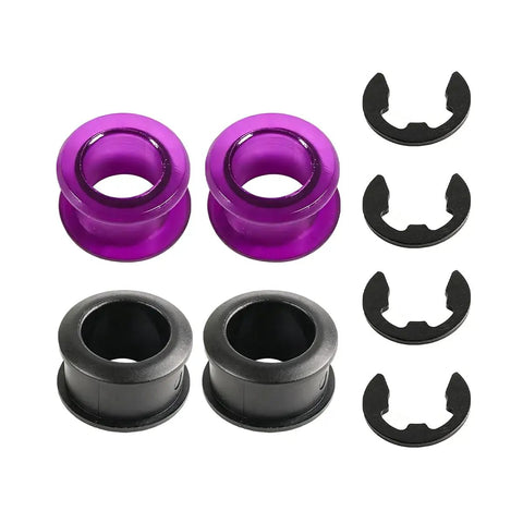 Top Notch Shift Cable Bushing Kit With 4 Durable Rubber Inserts And Clips, purple and black rubber parts with clips for gear shifting.