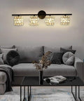 Black 4 Light Vanity Light Fixture With Crystal Shade above modern living room