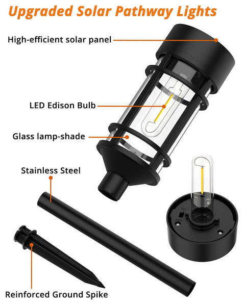 Eight Pack Solar Pathway Lights Upgrade Bright Outdoor Garden Decor Waterproof Pathway Lamps with LED Edison bulb design